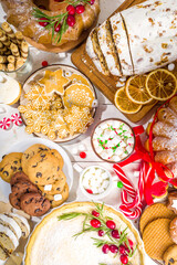 Assortment Christmas homemade baking sweet. Set of various traditional Christmas pastry cheesecake, fruitcake, stollen, gingerbread, biscuits, panettone. Bakery menu, Xmas banquet invitation 