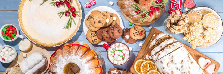 Assortment Christmas homemade baking sweet. Set of various traditional Christmas pastry cheesecake, fruitcake, stollen, gingerbread, biscuits, panettone. Bakery menu, Xmas banquet invitation 