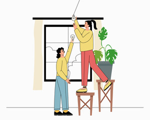 The girl changes the light bulb. A girl is standing on a chair, a girl is hanging a light bulb. Vector illustration