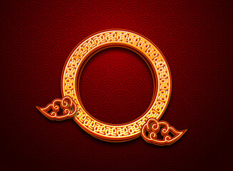 golden luxury chinese background with rounded frame pattern and clouds