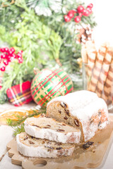 Homemade Christmas stollen, Xmas and New Years festive traditional baking fruit cake