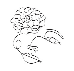 Boho women face vector. Surreal portrait, girl face with lotus, chrysanthemum, lily flowers in continuous line style.
