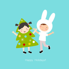 Print. Children in New Year's costumes. Boy and girl. Friends at the party.