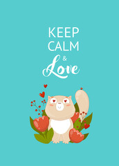 Print. Keep calm and love. Poster with a cat. The cat fell in love. Valentine's Day.