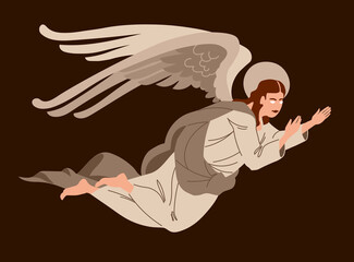 A flying winged angel from Orthodox icons, a heavenly messenger, for Christmas and Easter cards, posters. Color vector illustration on a dark background in a cartoon and flat design.