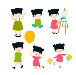 Print. Big set with an Asian girl. The girl plays, draws, sits, walks, stands