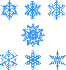 Vector image of the set of seven light blue snowflakes isolated on the white background. Decoration for the Christmas and New Year 2022.