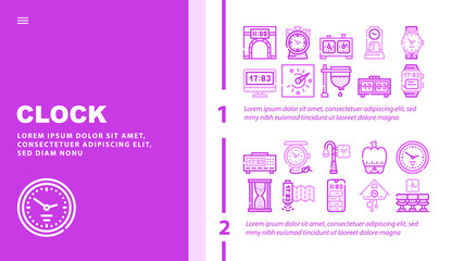 Clock And Watch Time Equipment Landing Web Page Header Banner Template Vector. Floor Antique Clock And Digital Hand Gadget, Chess Game Tool And Gps Device, Sandy And Sundial, Mechanical Illustration