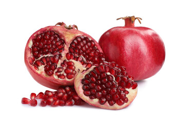 Ripe pomegranates on white background. Delicious fruits