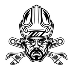 Head of worker with bristle in hard hat and two crossed adjustable wrenches vector illustration in monochrome vintage style isolated on white background