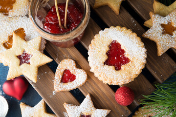 Christmas cookies with jam. A popular Austrian cookie is Linz cookies. Selective focus.