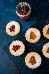 Christmas cookies, traditional Austrian treats for the holidays, Linzer cookies, top view