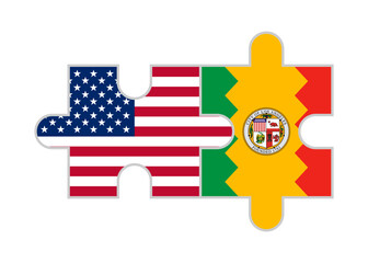puzzle pieces of united states and los angeles flags. vector illustration isolated on white background