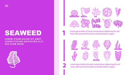 Seaweed Sea Underwater Plant Landing Web Page Header Banner Template Vector. Padina And Japanese Kelp, Sargassum Horneri And Arthrospira Plantesis, Undaria Plumose Egagropylus Linnaeus Illustration