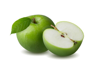 Green apple with green leaf and cut slice with seed isolated on white background.