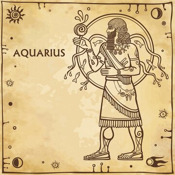 Zodiac sign Aquarius. Drawing based on motives of Sumerian art. Full growth. Background - imitation of old paper, space symbols. The place for the text. Vector illustration.