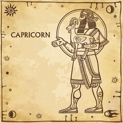 Fototapeta na wymiar Zodiac sign Capricorn. Drawing based on motives of Sumerian art. Full growth. Background - imitation of old paper, space symbols. The place for the text. Vector illustration.