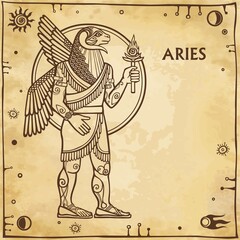Fototapeta na wymiar Zodiac sign Aries. Image of the person - a centaur. Character of Sumerian mythology. Full growth. Background - imitation of old paper, space symbols. The place for the text. Vector illustration.
