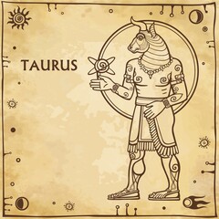 Fototapeta na wymiar Zodiac sign Taurus. Image of the person - a centaur. Drawing on motives of Sumerian art. Full growth. Background - imitation of old paper, space symbols. The place for the text. Vector illustration.