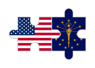 puzzle pieces of united states and indiana state flags. vector illustration isolated on white background - obrazy, fototapety, plakaty