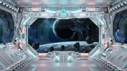 White spaceship interior with glowing blue and red lights. Futuristic spacecraft with large window view on planets in space. 3D rendering © sdecoret