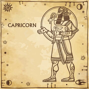 Zodiac sign Capricorn. Drawing based on motives of Sumerian art. Full growth. Background - imitation of old paper, space symbols. The place for the text. Vector illustration.