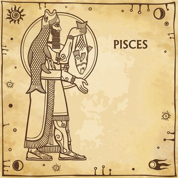 Zodiac sign Pisces. Drawing based on motives of Sumerian art. Full growth. Background - imitation of old paper, space symbols. The place for the text. Vector illustration.