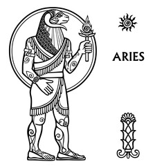 Fototapeta na wymiar Zodiac sign Aries. Full growth. Vector art. Black and white zodiac drawing isolated on white background.