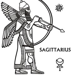 Zodiac sign Sagittarius. Full growth. Character of Sumerian mythology. Monochrome drawing isolated on a white background. Vector illustration.
