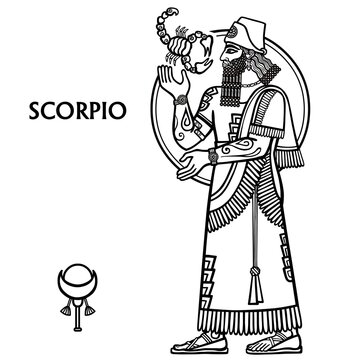 Zodiac sign Scorpio.  Full growth. Vector illustration. Black and white zodiac drawing isolated on white. Motives of Sumerian art.