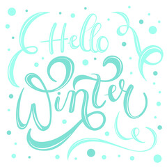 Vector Light blue lettering hello winter snow abstract banner with swirls 