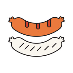 German sausages. Traditional Munich sausage and white Bavarian sausage. Oktoberfest. Delicious food made of meat and meat products. Vector illustration isolated on a white background.