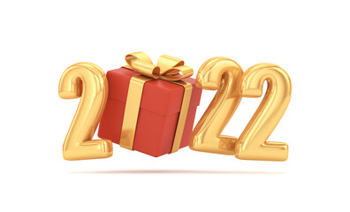 New Year's illustration. Gift with golden ribbon and golden numbers 2020 fly on a white background. 3d render illustration.