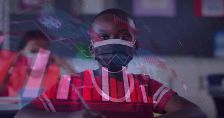 Animation of covid 19 cells and statistics over schoolboy wearing face mask