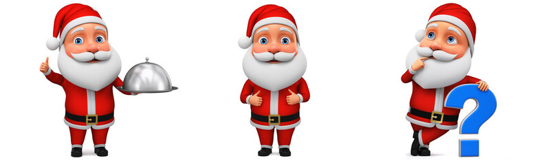 Santa Claus and a question mark. Santa Claus and a tray. Santa shows two thumbs up. 3d render illustration.