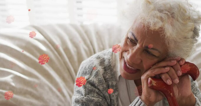 Animation of red roses over smiling biracial senior woman sitting leaning on walking stick, at home