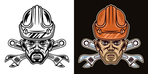 Head worker with bristle in hard hat and two crossed adjustable wrenches vector illustration in two styles black on white and colorful on dark background