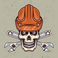 Skull of worker in hard hat with two crossed adjustable wrenches vector illustration in colorful cartoon style isolated on light background