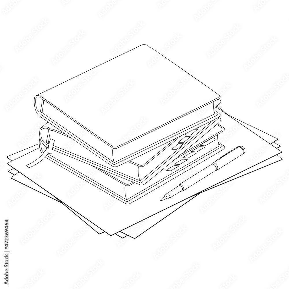 Poster contour of a stack of books with paper and a pen from black lines isolated on a white background. ve