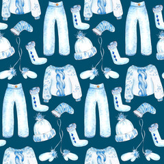 Hand drawn watercolor seamless pattern with winter knitted clothing