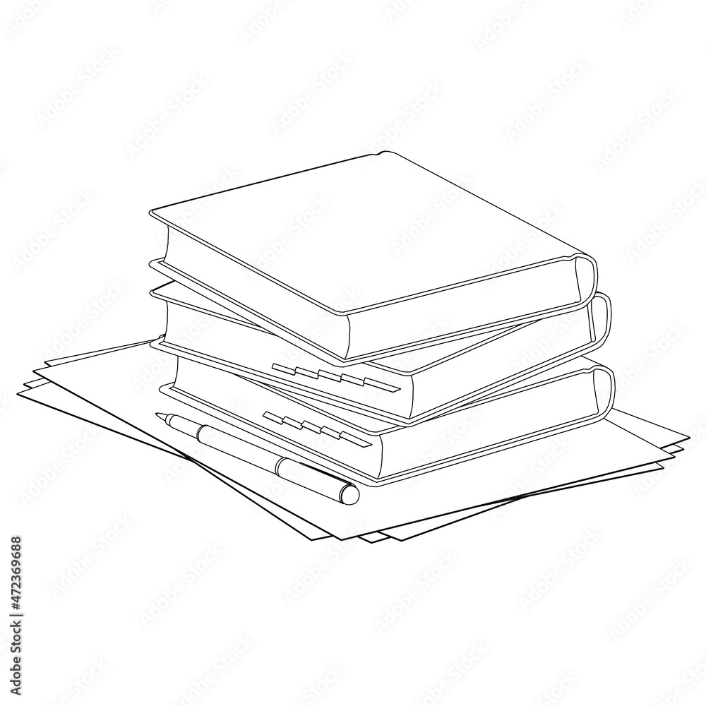 Poster contour of a stack of books with paper and a pen from black lines isolated on a white background. ve