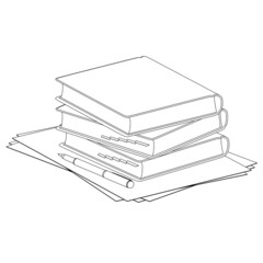 Contour of a stack of books with paper and a pen from black lines isolated on a white background. Vector illustration