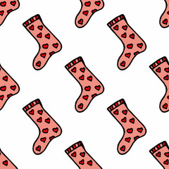 Seamless pattern with cute pink socks on white background. Vector image.