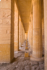 Columns in the temple of Queen Hatshepsut on the west bank of the Nile near the Valley of the Kings in Luxor, Egypt.