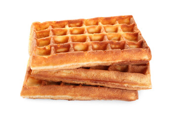 Three delicious Belgian waffles on white background