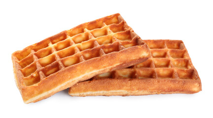 Two delicious Belgian waffles on white background