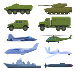 Military transport set vector flat illustration. Collection tanks, all terrain vehicle, war machine