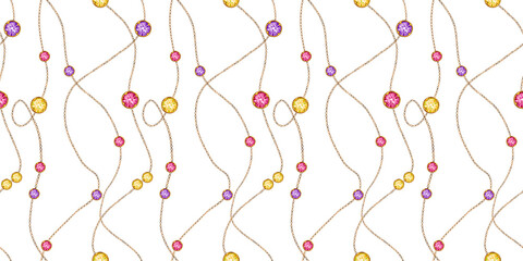Abstract pattern of gold chains and gems on a white background for wallpaper, fabric, paper, social networks