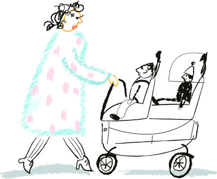 Babysitter Nanny With Children. Cute hand drawn vector illustration