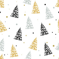 Christmas tree seamless pattern on white background. Stars, snow and snow-covered trees. 
